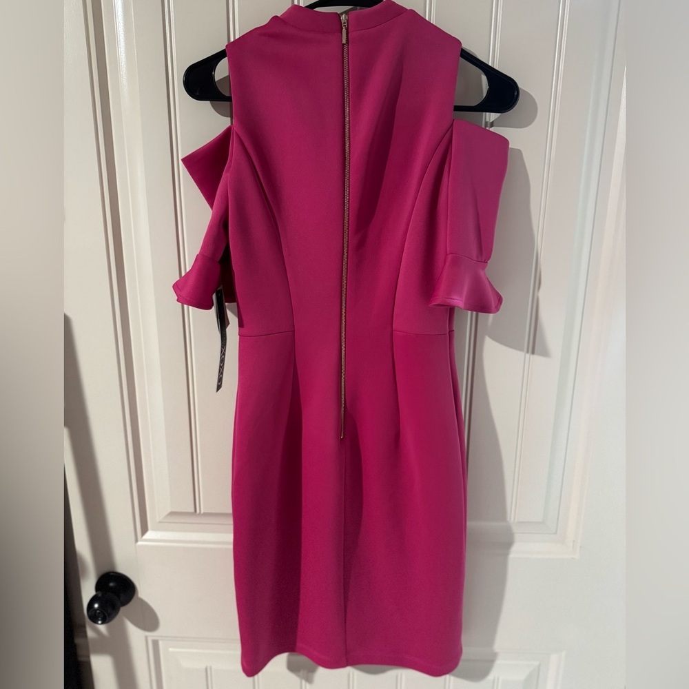 NEW w TAGS 🏷️  XOXO Hot Pink Off-the-Shoulder Sheath Dress (Small) - Picture 9 of 13